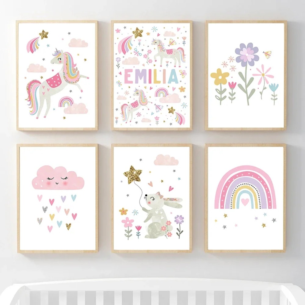 Baby Nursery Girl Room - Quadri su Tela con Unicorno Rosa,